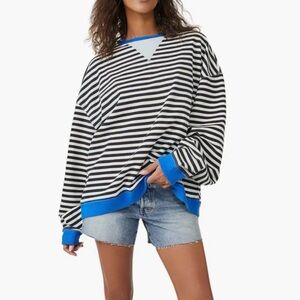We The Free Classic Striped Oversized Crewneck Sweatshirt/ Black Combo Sz L